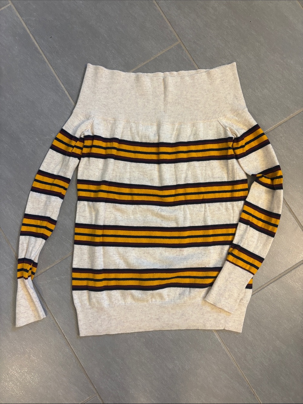 Treasure & Bond Cream Off-the-Shoulder Sweater with Mustard and Navy Stripes